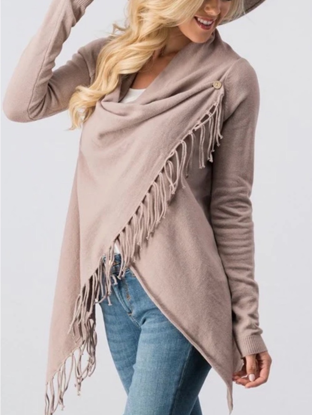 lovestitch Beige Asymmetric Fringe Cowl Neck Sweater